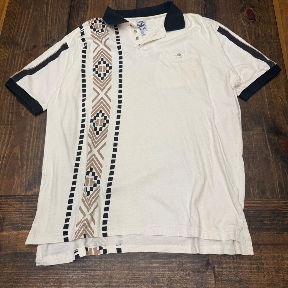 Rodeo Active Mens L Southwestern Geometric Print‎ Polo Shirt Off White Vintage
